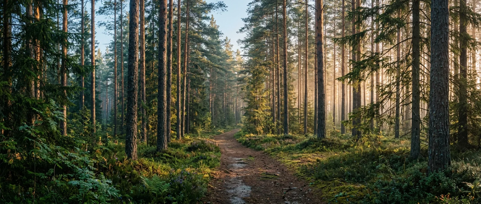Fridfullt nordiskt skogslandskap i morgonljus