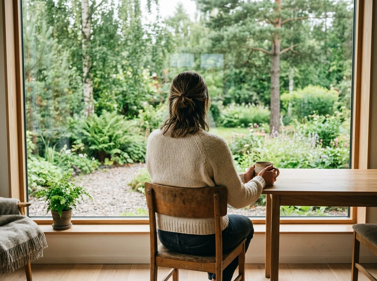 Person i avslappnad nordisk hemmiljö med morgonkaffe vid fönster